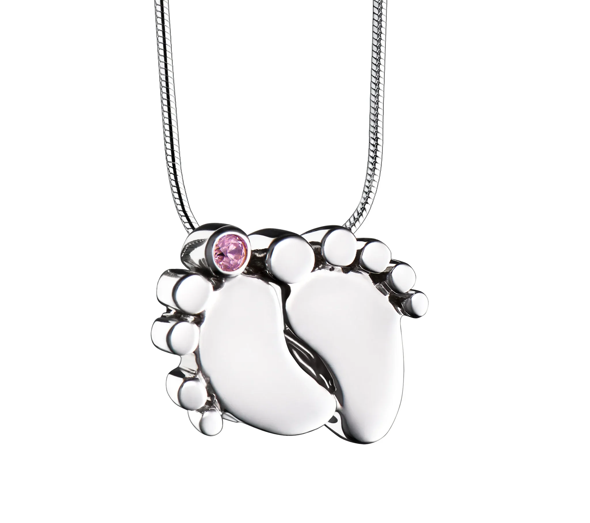 BabyFeet™ ashanger/assieraad babyvoetjes zilver met roze zirkonia incl. collier