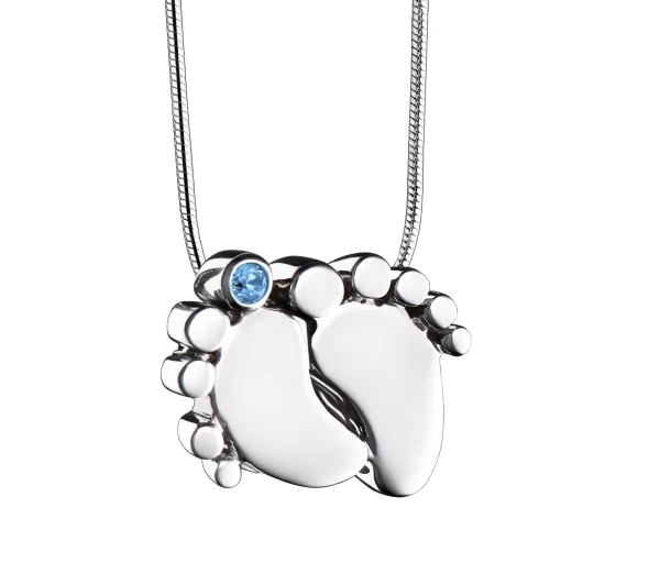 BabyFeet™ ashanger/assieraad babyvoetjes zilver met blauwe zirkonia incl. collier