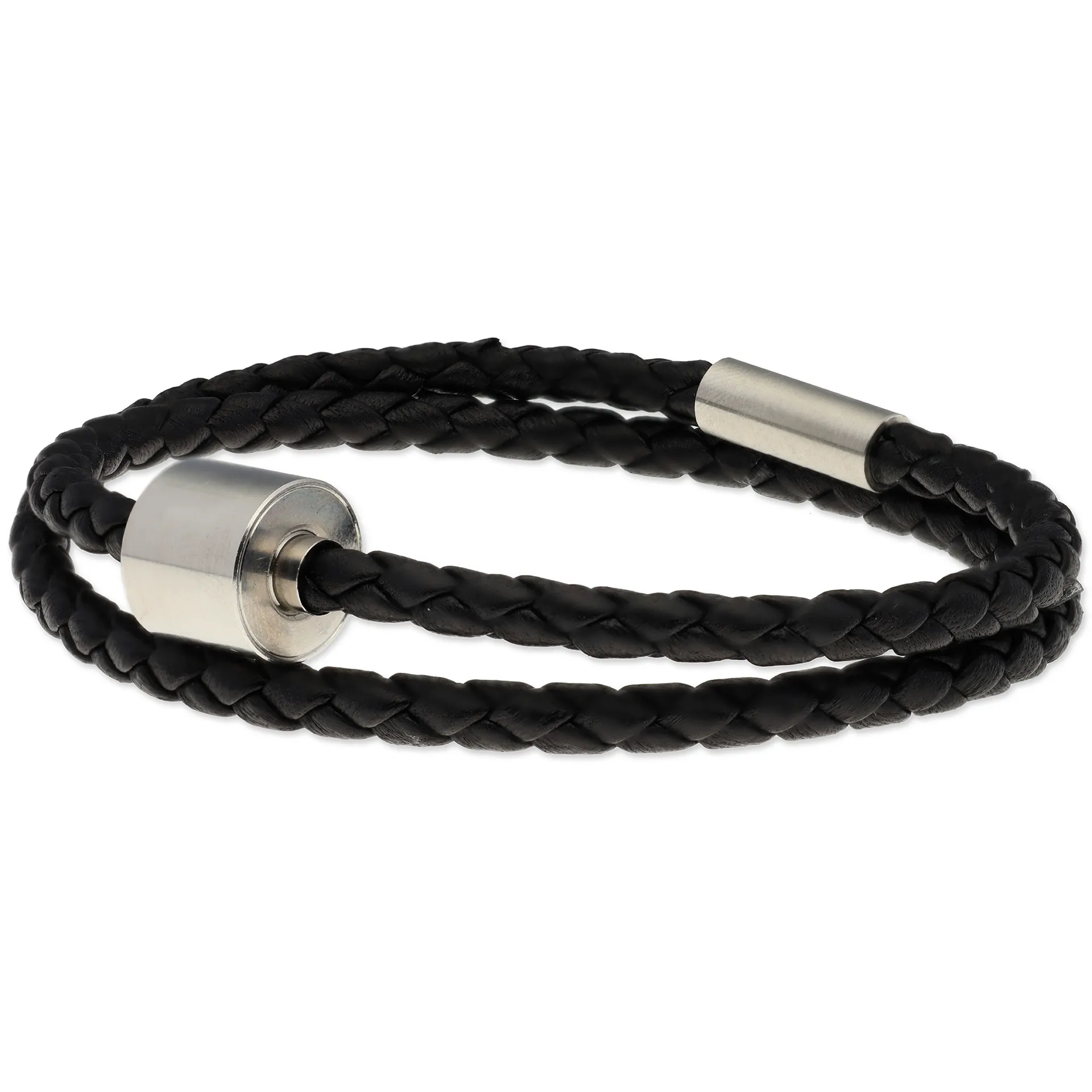 Heren as armband/assieraad gevlochten leer zwart & RVS ashouder