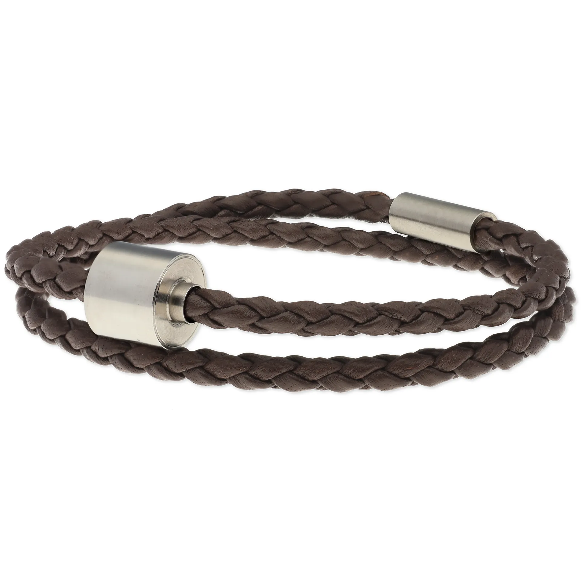 Heren as armband/assieraad gevlochten leer bruin & RVS ashouder