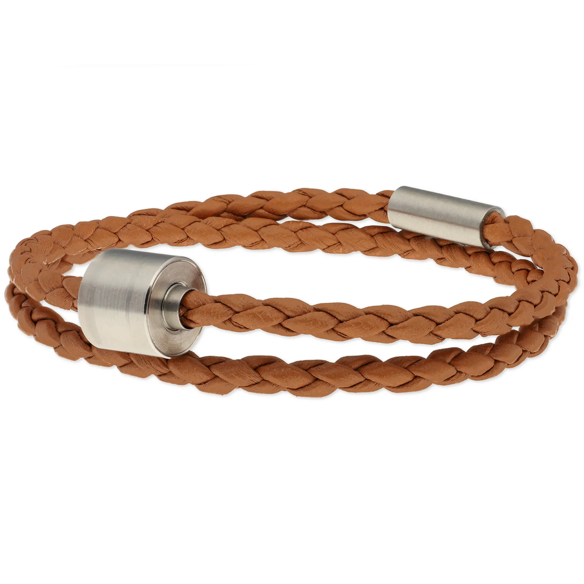 Heren as armband/assieraad gevlochten leer cognac & RVS ashouder