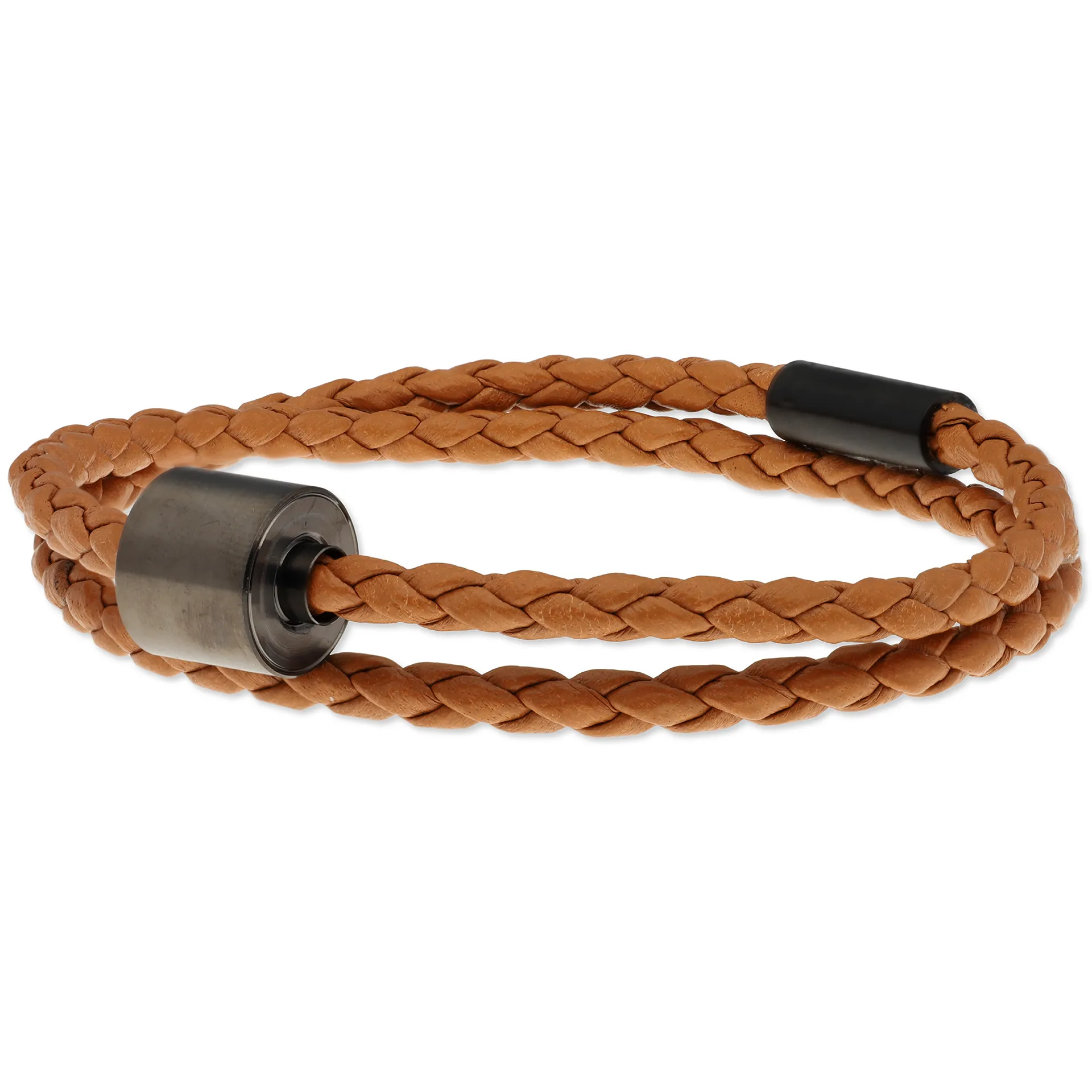 Heren as armband/assieraad gevlochten leer cognac & RVS ashouder