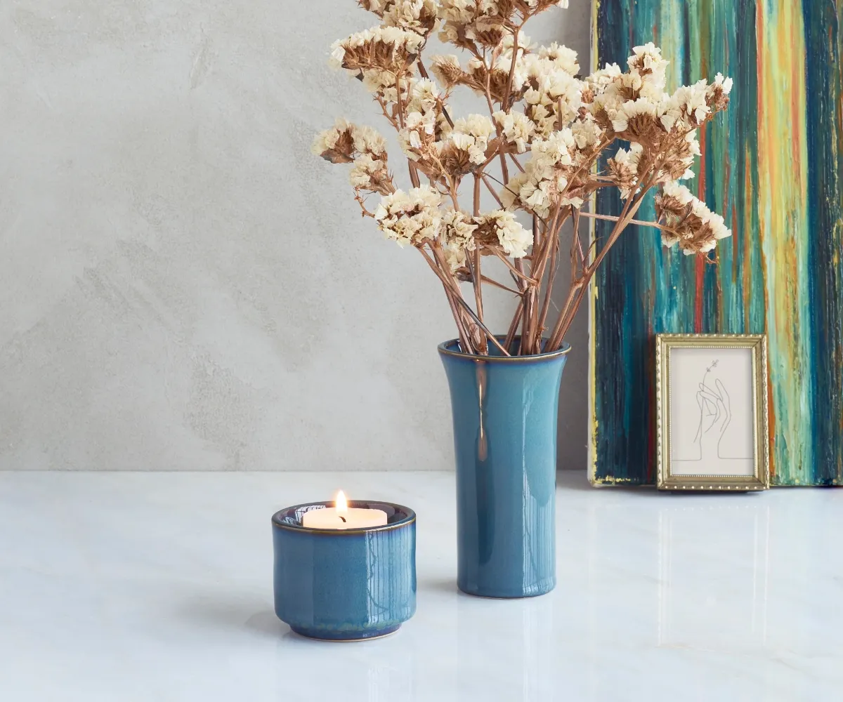 Keramische mini urn theelichthouder Helios groen & blauw met vaasje