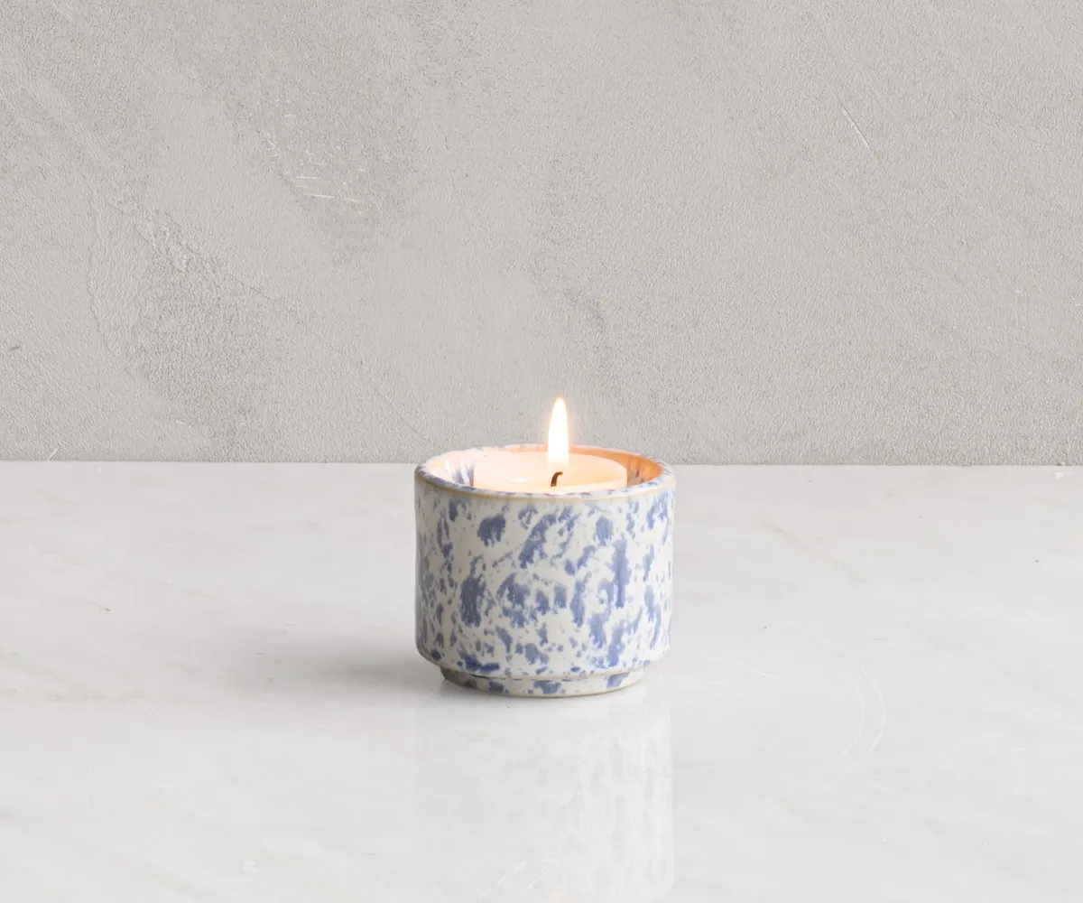 Keramische mini urn theelichthouder Helios wit & blauw gespikkeld
