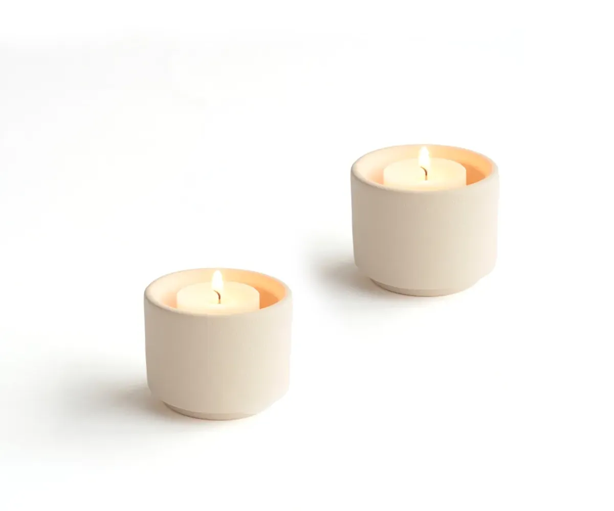 Keramische mini urn theelichthouder Helios beige set van 2