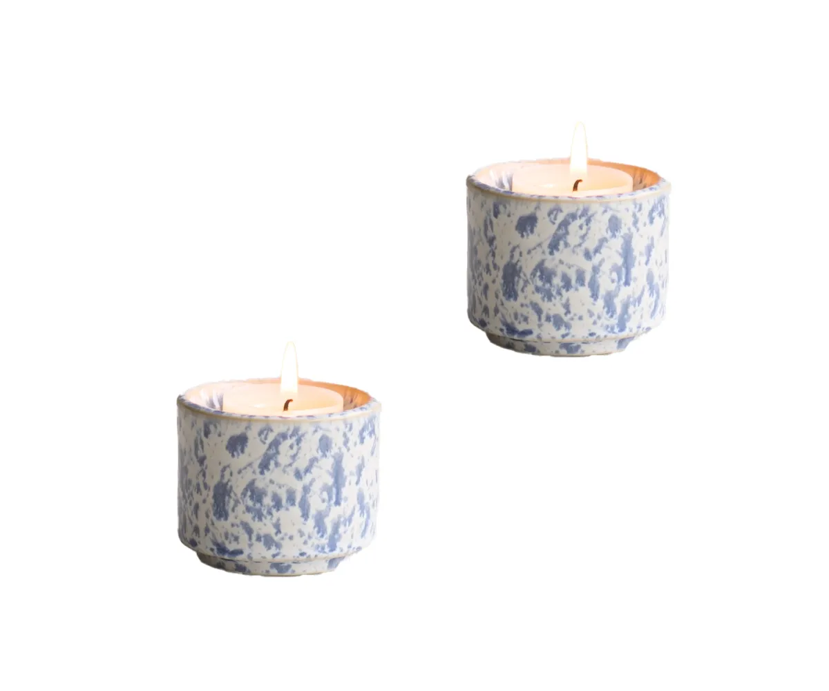 Keramische mini urn theelichthouder Helios wit & blauw gespikkeld set van 2