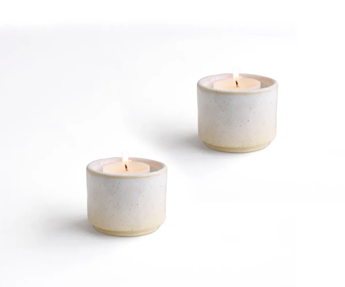 Keramische mini urn theelichthouder Helios wit gespikkeld set van 2