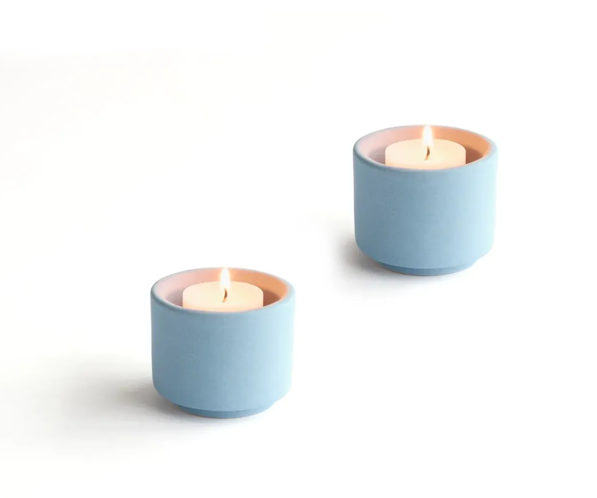Keramische mini urn theelichthouder Helios grijsblauw set van 2