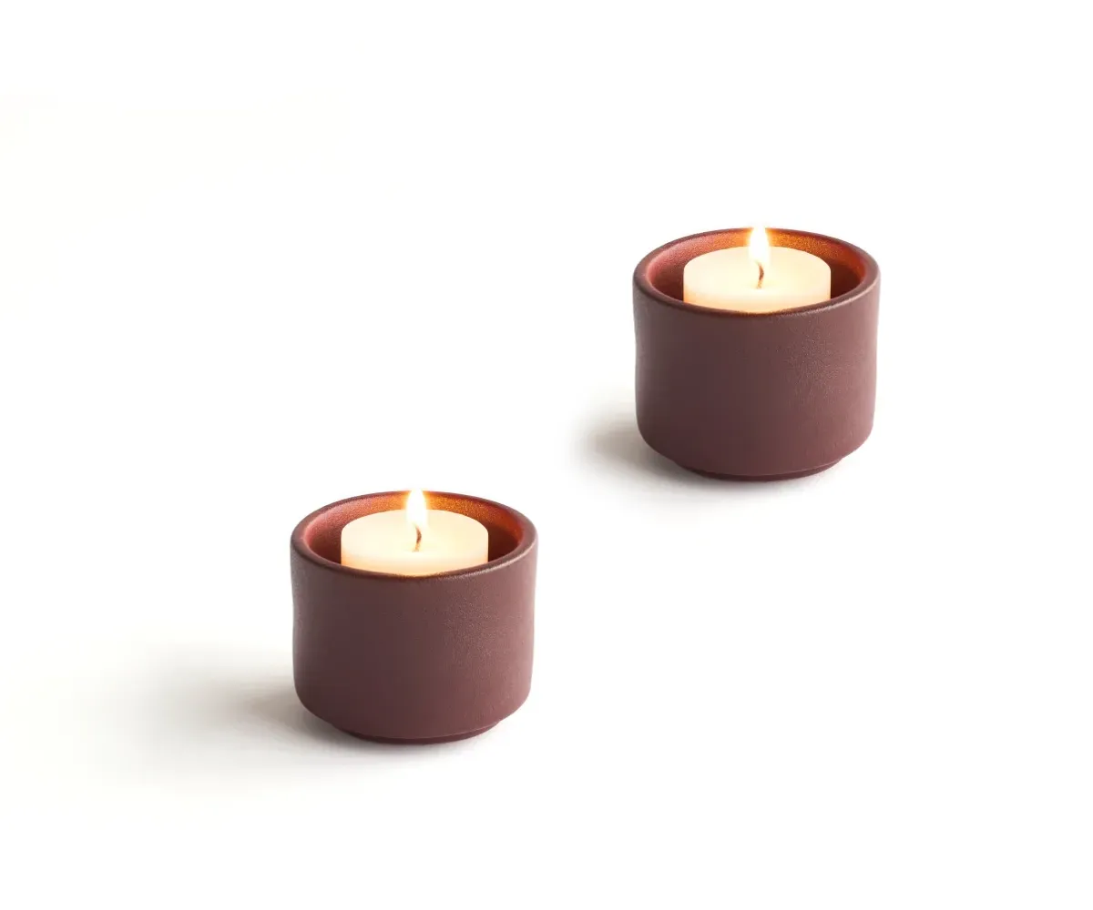 Keramische mini urn theelichthouder Helios roodbruin set van 2