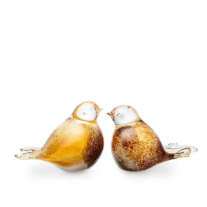 Mini urn vogel bruin-geel-wit kristalglas duo