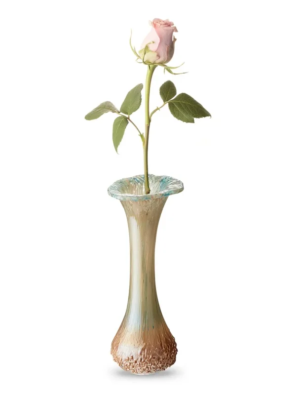 Glazen urn vaasje turquoise-beige kristalglas roos bloem